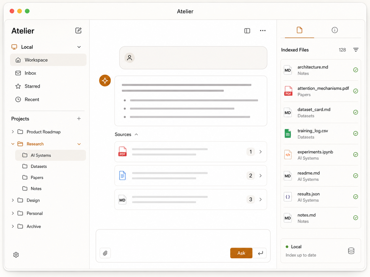 Atelier desktop app showing a local workspace, sources, and indexed files